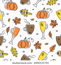 Autumn pattern, elements collection   hot drinks, autumn leaves. Coffee, mulled wine. The season is cold. Vector illustration in doodle style. Seamless, texture, background.