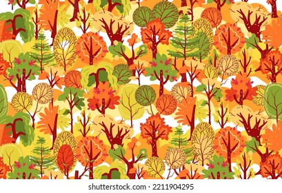 Autumn pattern, fall nature background. Vintage trees stamp, floral summer season, foliage exact cover. Orange woodland print. Decor textile, wrapping paper. Vector seamless design