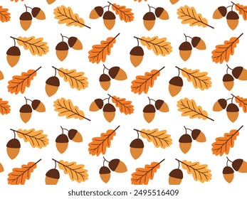 Autumn pattern with fallen oak leaves and acorns on white background. Hand drawn vector illustration of acorn and oak leaves for textile, background, print, wrapping paper
