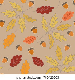Autumn pattern featuring colorful leaves, tree brunches and acorns in pastel colors. Hand drawn illustration with isolated elements on a beige background. 