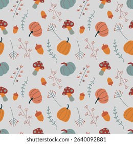 Autumn pattern featuring pumpkins, mushrooms, acorns, and fall foliage. A colorful seamless background with seasonal hand-drawn elements. Ideal for wrapping paper, textile design, wallpapers, and 