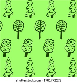 Autumn pattern with forest. Green background. Can be used for postcard design, textiles, etc. Seasonal design.