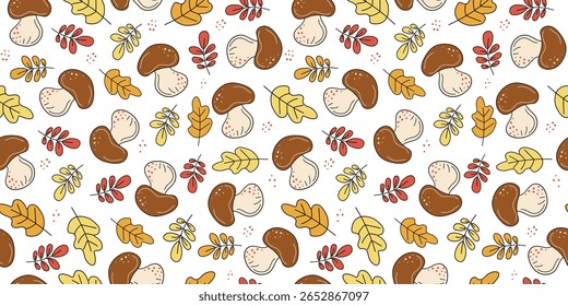 Padrão de outono com cogumelos florestais. Folhas de outono, folha de carvalho, folha de rowan, comida. Mão desenhada, rabiscar, desenhar. Natural botânico fundo sem emenda.