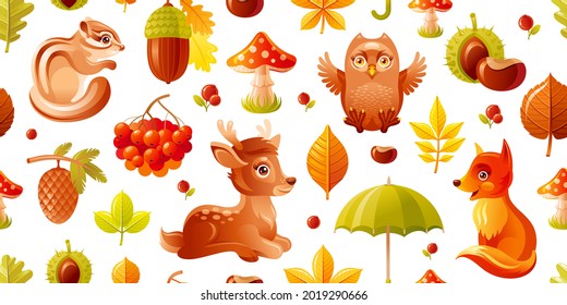 Autumn pattern. Forest vector animals. Cute fall woodland. Seamless background with fox squirrel owl deer. Cartoon illustration. Autumn treel leaf acorn mushroom. Forest animal set. Wallpaper pattern