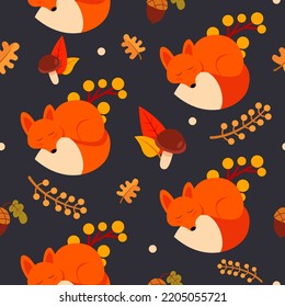 Autumn pattern with a fox on a blue background. Cute background pattern for design. Vector illustration.