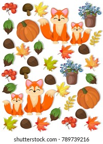 Autumn pattern fox, pumpkin and forrest nuts Vector illustrations
