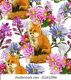 autumn pattern of foxes and flowers