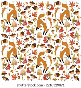 Autumn pattern with foxes, leaves, acorns, moths. Vector illustration. Background for fabric, wallpaper, design. Children's illustration.