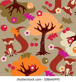 Autumn pattern of foxes, trees, leaves, flowers and fruit. Vector illustration.