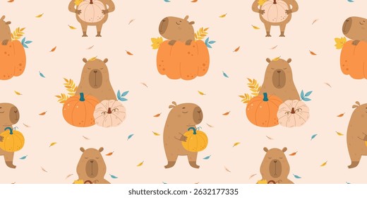 Autumn pattern with funny capybaras with pumpkins
