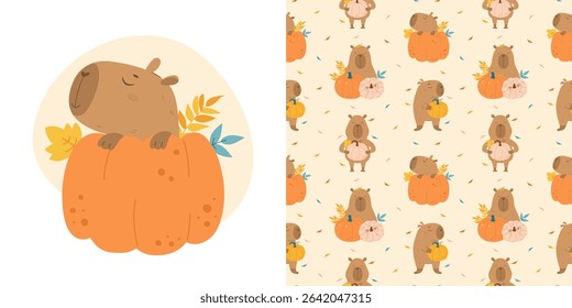 Autumn pattern with funny capybaras with pumpkins