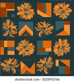 Autumn pattern of geometrical lines, shapes and flowers. Asters and dahlias in golden shades on a dark gray background