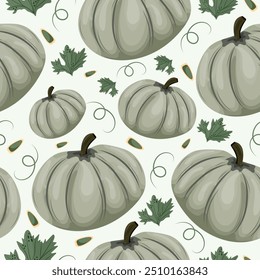 autumn pattern with green round pumpkins with pumpkin seeds and pumpkin leaves on a light background, vector	