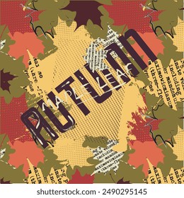 Herbstmuster im Grunge-Stil mit Ahornblättern auf braunem Hintergrund. Vektorgrafik nahtloser Hintergrund mit Herbstblättern und -text.