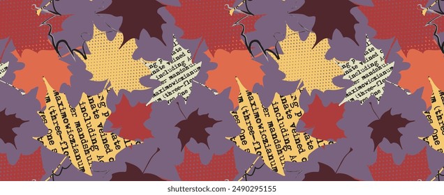 Patrón de otoño en estilo grunge con hojas de arce sobre un fondo púrpura. Vector de fondo sin fisuras con hojas de otoño y texto.