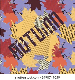 Autumn pattern in grunge style with maple leaves on a purple background. Vector seamless background with autumn leaves and text.