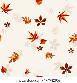 Autumn pattern. Hand draw colorful autumn leaves and shadow wallpaper background. Seamless pattern with chestnut, maple, rowan, birch foliage. Wrapping template, gift paper vector illustration
