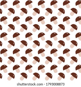Autumn pattern with hand drawn mushrooms. White mushroom with brown hat. Vector illustration for wrapping paper or wallpaper.
