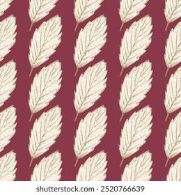 Autumn pattern with hand-drawn elm leaves on a rich red background in sketch style. Fall seamless wallpaper with subtle hand-drawn botanical elements in elegant shades