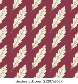 Autumn pattern with hand-drawn oak leaves on a rich red background in sketch style. Fall seamless wallpaper with subtle hand-drawn botanical elements in elegant tones