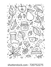 Autumn pattern. Harvest. Fruit, berries, leaves. Happy thanksgiving day. Set collection. Vector artwork. Black and white, monochrome. Coloring book page for adult. Banner, print. Zentangle doodle icon