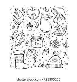Autumn pattern. Harvest. Fruit, berries, leaves. Happy thanksgiving day. Set collection. Vector artwork. Black and white, monochrome. Coloring book page for adult. Banner, print. Zentangle doodle icon