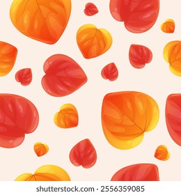 Autumn pattern of heart-shaped leaf in red, orange and yellow. Easy pattern design for textile, boxes, paper, packaging