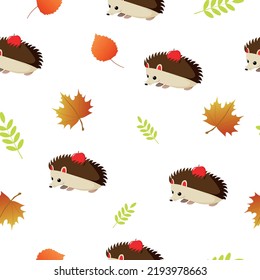 Autumn pattern with hedgehjog and leaves. Vector illustration