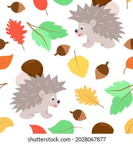 Autumn pattern hedgehog carries a mushroom and leaves falling. Seamless fall background. Seasonal colorful leafy template for wallpaper, packaging, fabric and design. 
