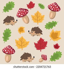 Autumn pattern with hedgehog, leaves and mushrooms
