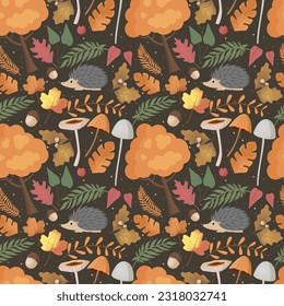 Autumn pattern with hedgehog, mushrooms, tree, leaves. Forest background, vector seamless pattern.