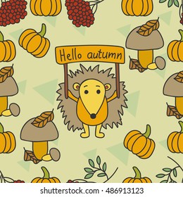 Autumn pattern with hedgehog, nuts, leaves on a green background.