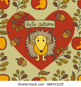 Autumn pattern with hedgehog, nuts, leaves, apples the heart