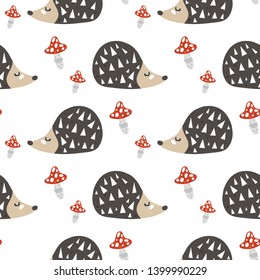  Autumn pattern with  hedgehogs and fruit, leaves. Creative vector illustration.Sketch for wrapping paper, textile, background fill, fabric. 