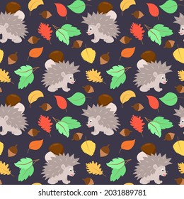 Autumn pattern with hedgehogs, leaves, acorns and mushrooms. Forest background with animals and plants. Dark night mat. Template for wallpaper, fabric, packaging.