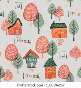 Autumn pattern with houses and trees