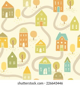 Autumn pattern with houses and trees
