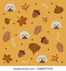 Autumn pattern illustration with cute white fox acorn leaves on yellow background