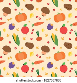 Patrón otoñal. Ilustración de verduras y plantas otoñales de estilo plano sobre un fondo marrón claro. Vector 8 EPS.