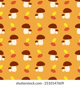 Autumn pattern with image of mushrooms and yellow and red leaves. 