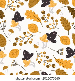 autumn pattern. Leaf fall seamless background. Stylized leaves of oak, beech, birches. Cartoon bunches of berries and acorns. Versatile design for fabric, digital paper, scrapbooking. Vector hand draw