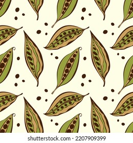 Otoño patrón semillas de hojas de cáscara de garganta color verde dibujado a mano. Ilustración del vector