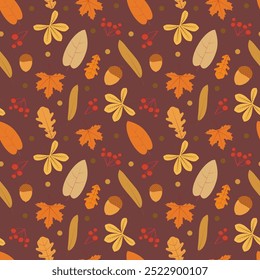 Autumn pattern with leaves, acorn and berries. Vector seamless texture.