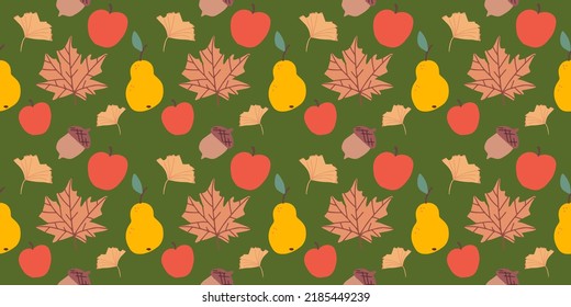 Autumn pattern with leaves, acorns, apples and pears. Seamless endless pattern
