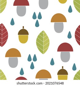 autumn pattern leaves, acorns and drops on a white background