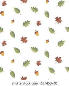 Autumn pattern with leaves and acorns on white background 
