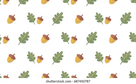Autumn pattern with leaves and acorns on white background 