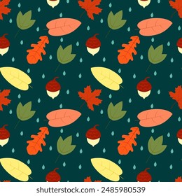 Autumn pattern of leaves, acorns and raindrops on a dark background.Vector seamless texture.