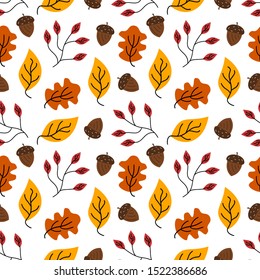 Autumn pattern with leaves and acorns. Vector illustration.