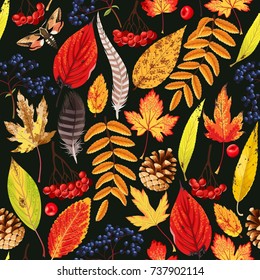 Autumn pattern with leaves and berries